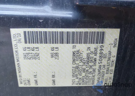 2010 Nissan Altima 2.5 S z USA, uszkodzony, nr VIN 1N4AL2AP0AN508899